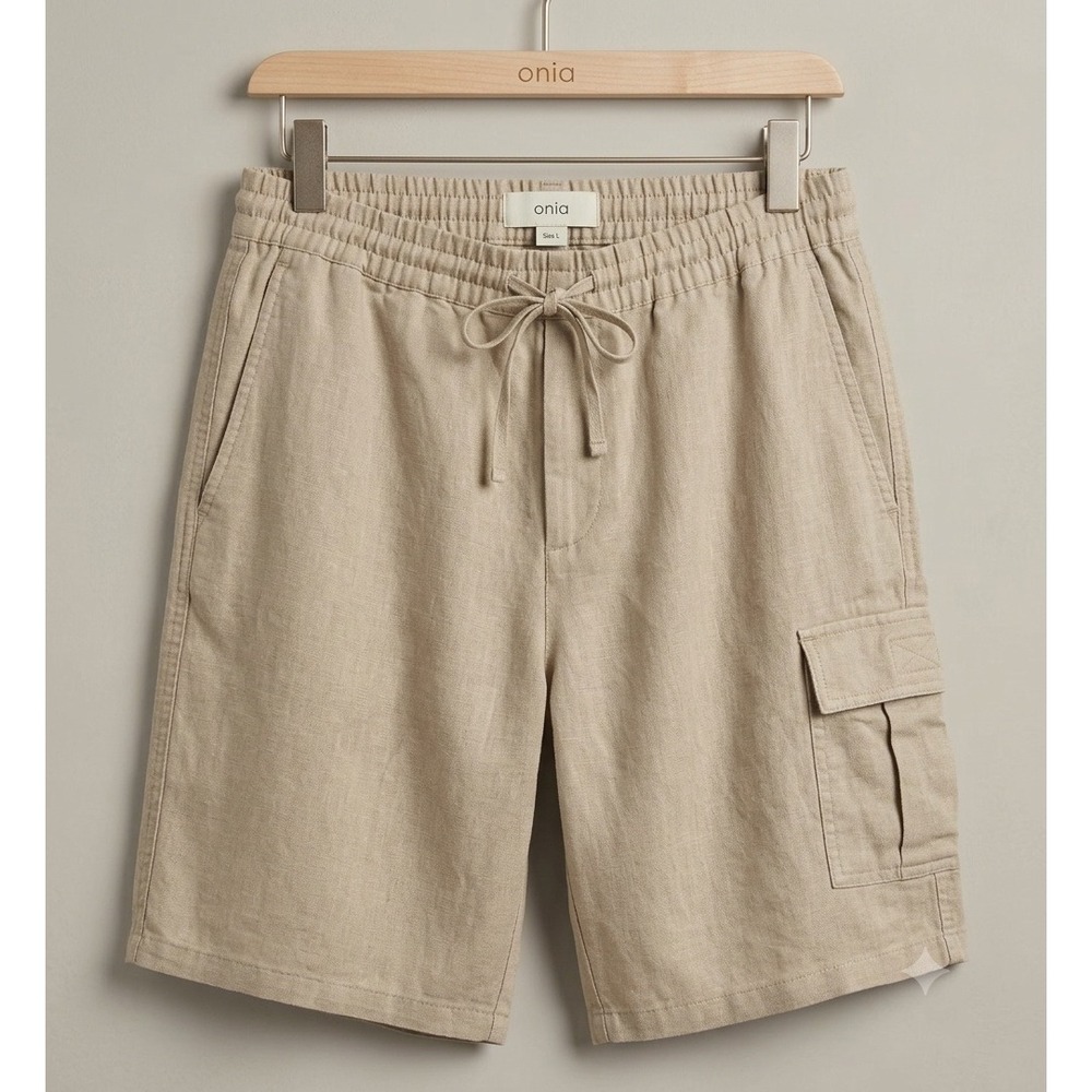 Onia Mens Linen Blend Cargo Shorts Khaki Beige Elastic Drawstring Waist Size L